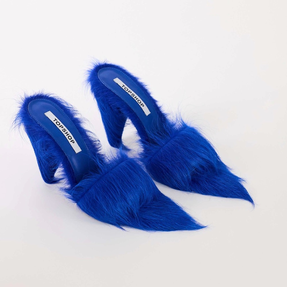 Topshop Electric Blue Faux-Fur Pointed High Heel Mule